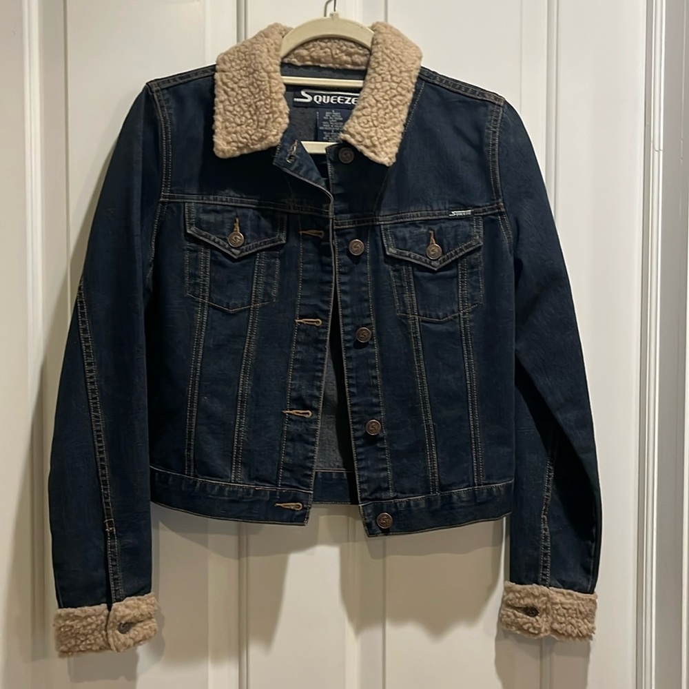 Squeeze Denim Jacket with faux shearling trim.